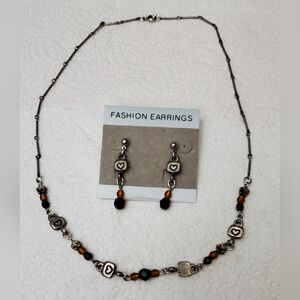 Dainty Bead Necklace And Pierced Earrings**Amber Beads And Hearts
